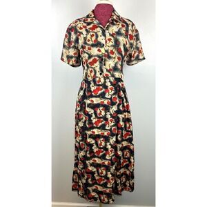 Beth & Me Vintage Floral Rayon Maxi Dress Medium Red Navy Cottage School Teacher